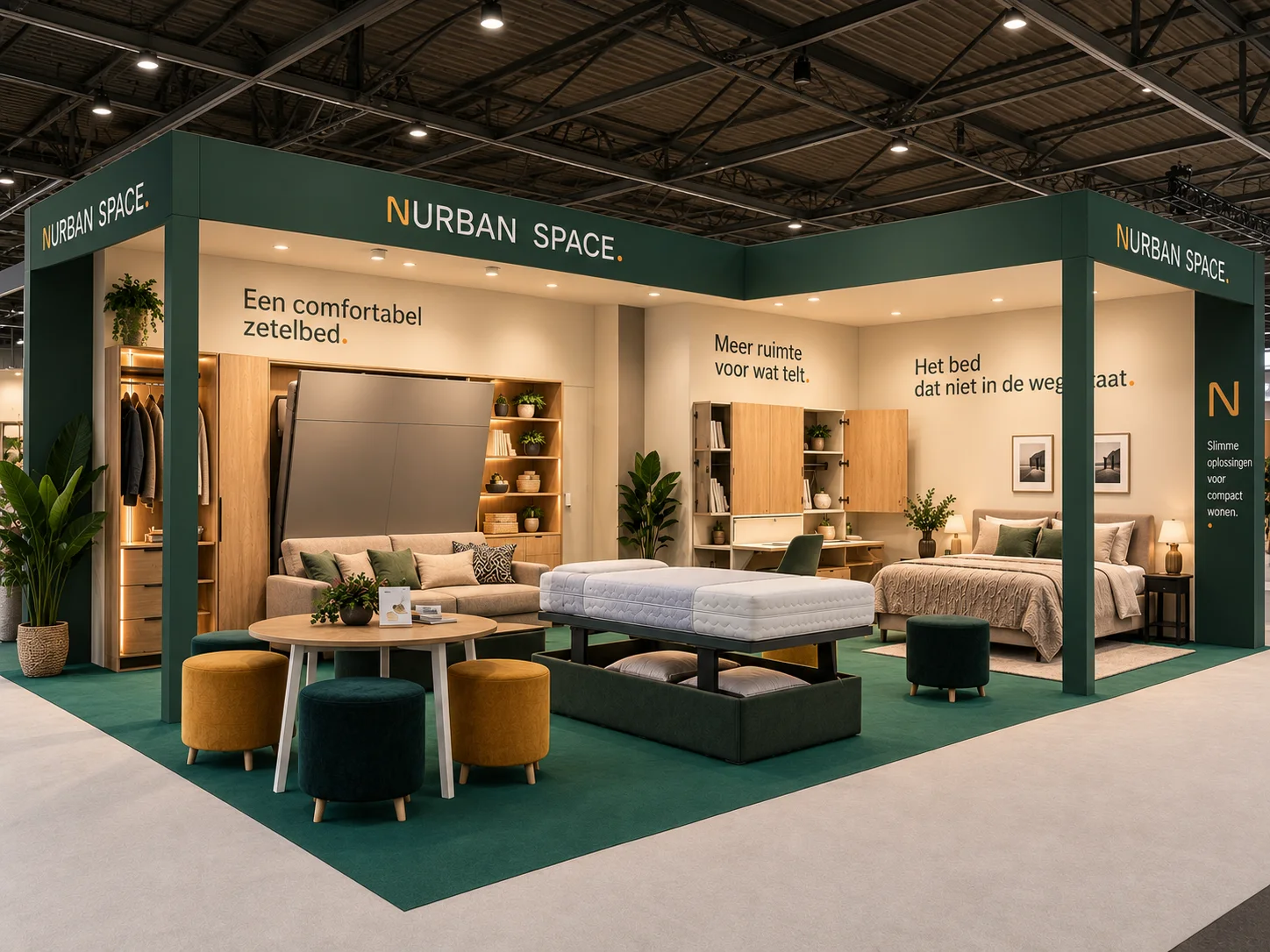 De beursstand van Nurban Space met opklapbedden, zetelbedden en maatwerk